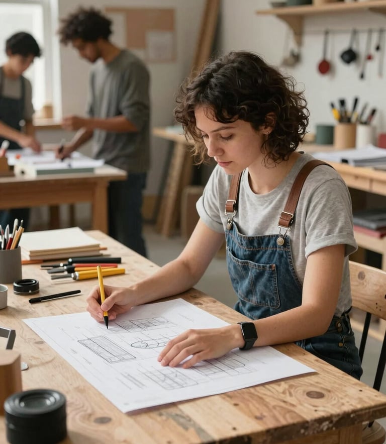 Bright natural daylight illuminating a bustling local craft workshop, a diverse female founder reviewing plans on a wooden worktable, medium environmental shot showing tools and materials in the background.