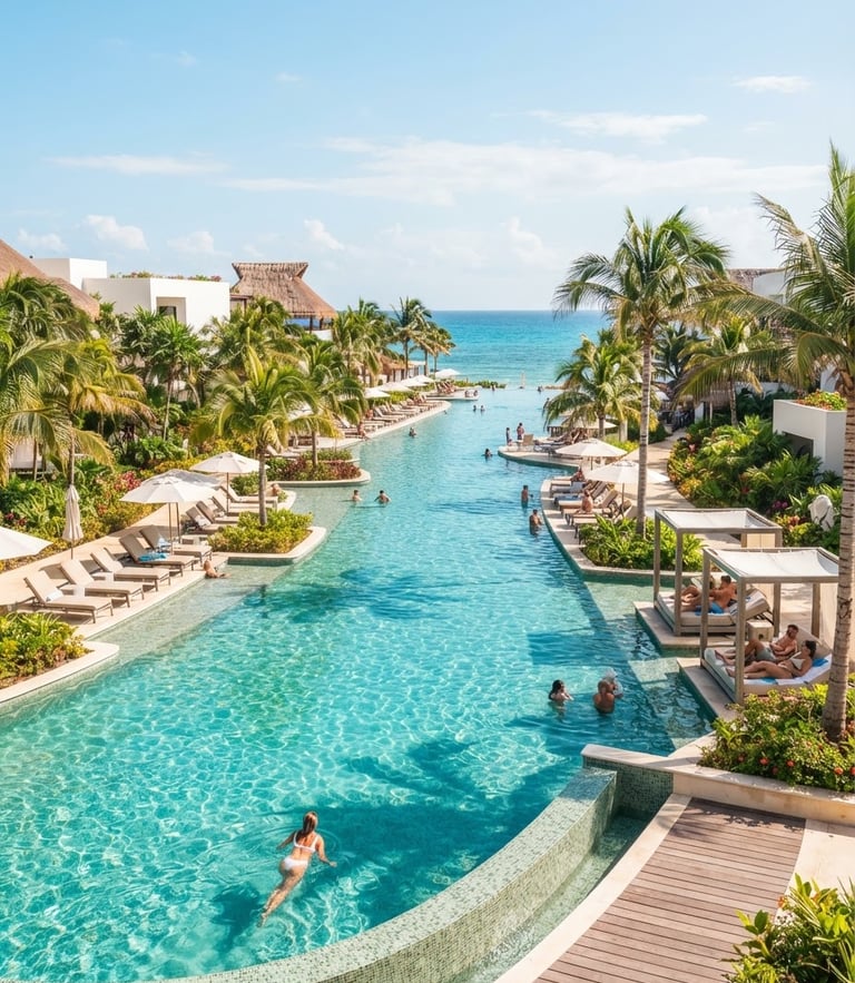 Bright high-key travel photography, a sunny luxury resort pool in Cancun with turquoise water, palm trees, warm daylight, 35mm