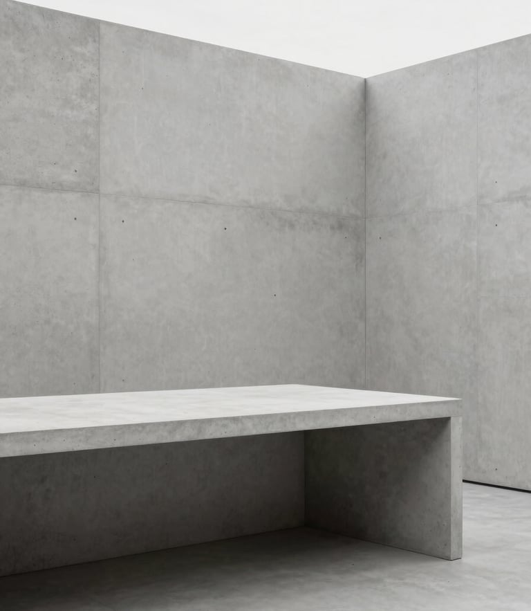 Architectural crop of a modern minimalist concrete workspace, soft diffused overcast daylight, clean lines, no shadows.