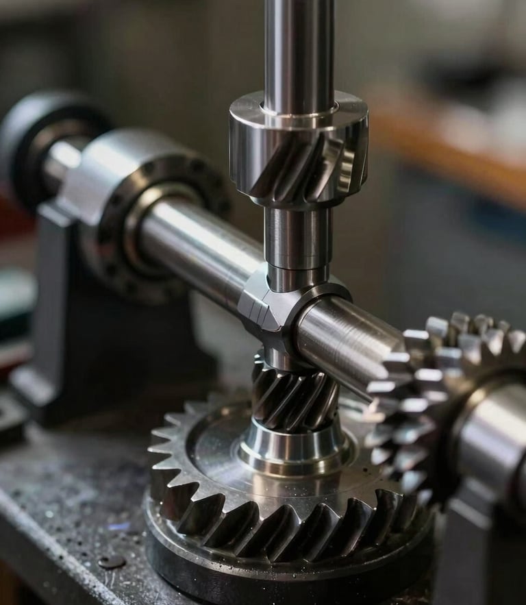 Close-up of a precision micrometer measuring a steel gear tooth, dark industrial workshop setting, sharp focus on metallic contact.