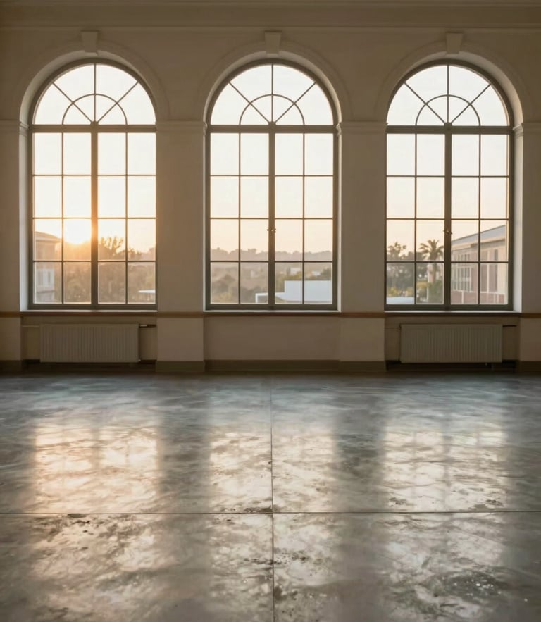 Symmetrical architectural photography of a bright, empty event space with polished concrete floors and large arched windows letting in soft golden-hour light