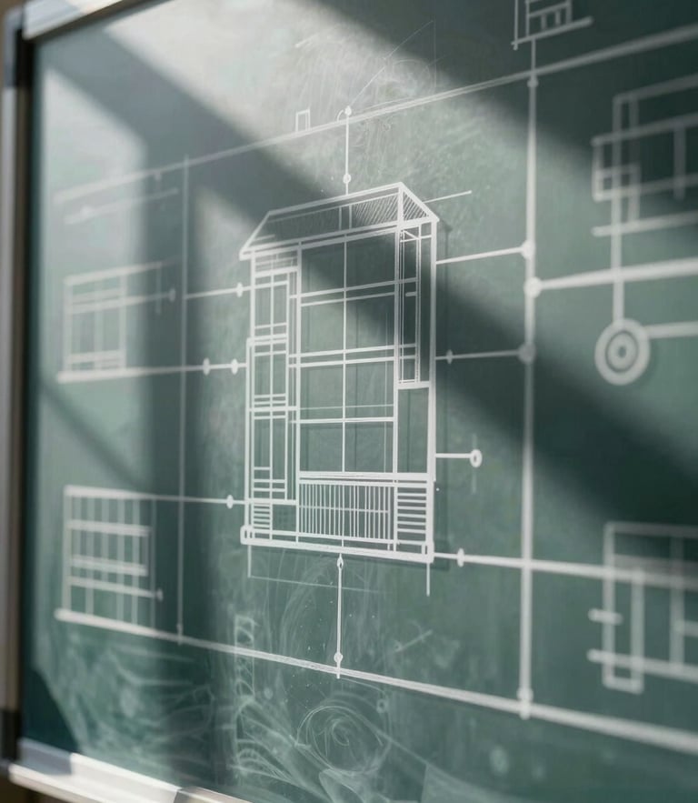 Macro shot of a glass whiteboard with complex architectural software diagrams drawn in white ink, sharp geometric shadows, cold daylight