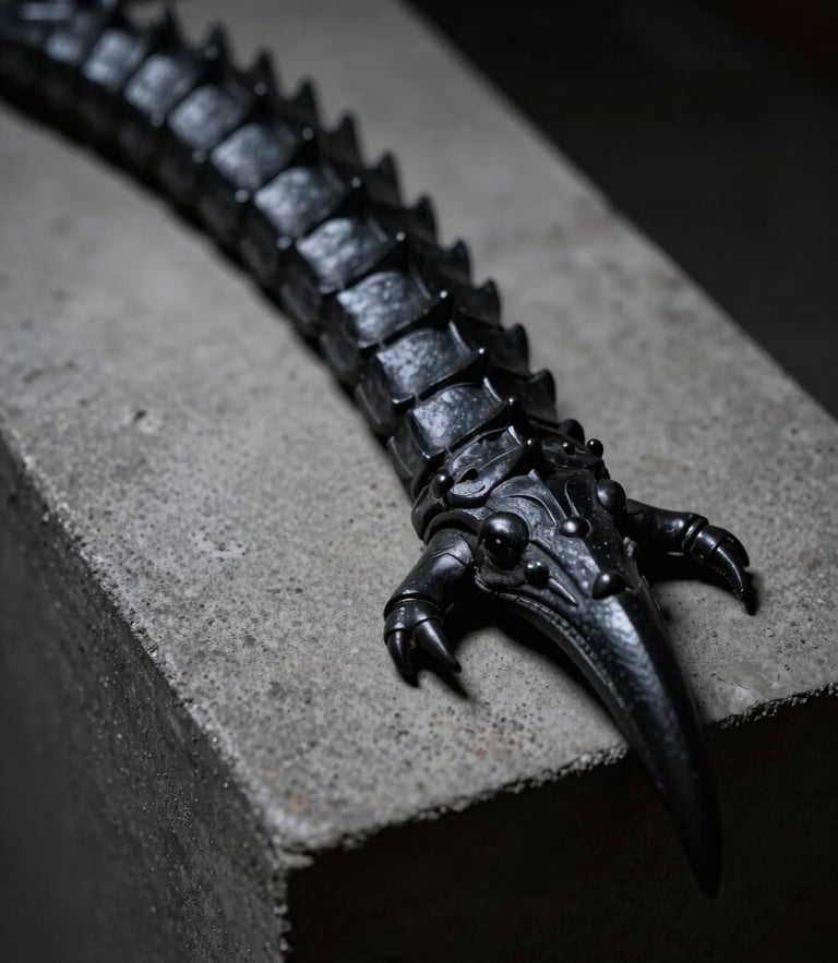 Extreme close-up of a dark matte black articulated dragon spine on a concrete pedestal, moody chiaroscuro lighting, deep shadows, 35mm