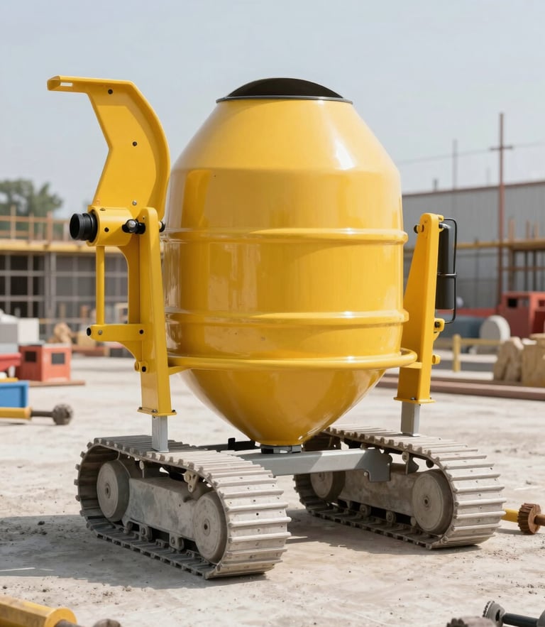 Sharp commercial photography of a modern yellow concrete mixer and heavy-duty tools on a clean, structured construction site, bright daylight, realistic, 35mm lens.