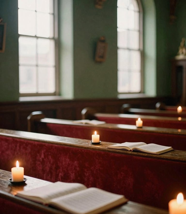 Warm candlelit Protestant church sanctuary interior, soft golden hour light filtering through tall windows, open hymnals on wooden pews, rich crimson and forest green tones, shallow depth of field, 35mm film style