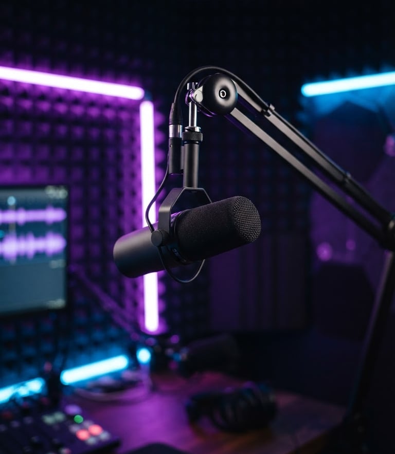 Medium close-up of a professional podcast microphone on an articulated arm, glowing with vibrant neon purple and electric blue LED lighting in the background, dark soundproof studio cabin, high-contrast premium dark-mode photography.