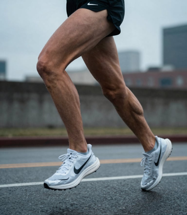Dynamic action crop of a runner's legs mid-stride on a cool, overcast Detroit morning, silver-toned highlights, unposed athletic focus.