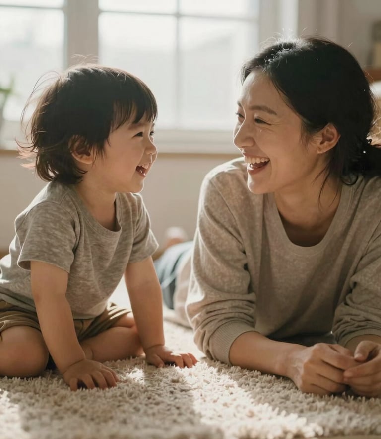 A mother and young child laughing together on a cozy rug, warm morning window light, shallow depth of field, muted earth tones