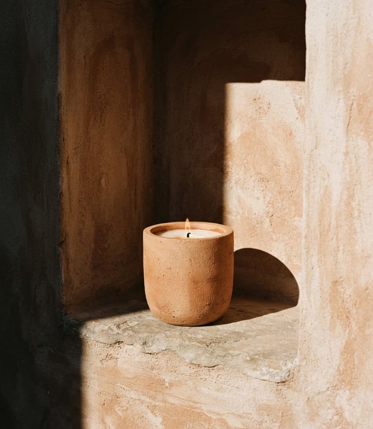Warm minimalist candle vessel in an architectural alcove, harsh high-contrast sunlight creating dramatic shadows, earthy terracotta tones, medium format film
