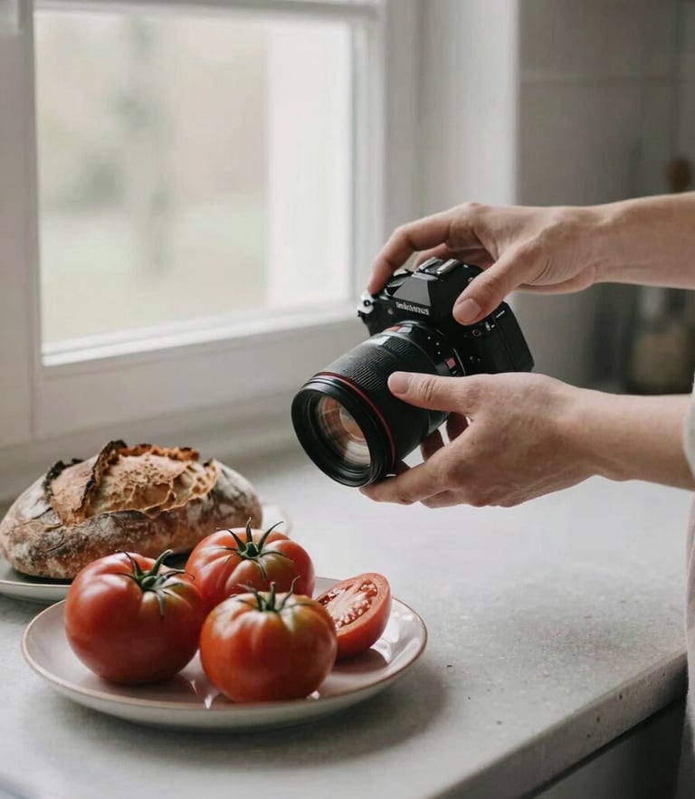 Soft, natural Scandinavian window light over an artisan kitchen counter. A hand carefully adjusts a camera lens over a plate of fresh heirloom tomatoes and crusty rustic sourdough bread. Soft desaturated tones, 35mm film texture.