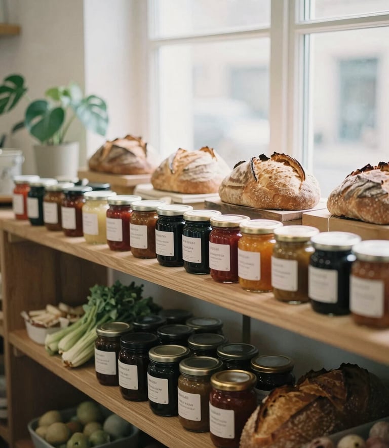 Soft natural window light illuminating a boutique grocer's wooden shelves stacked with artisanal preserves, fresh sourdough, and organic produce, 35mm film aesthetic, desaturated organic tones.