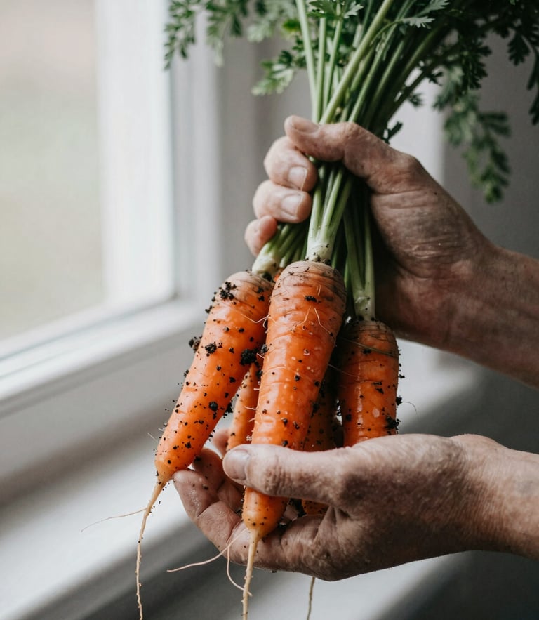A close-up of weathered hands holding a bunch of freshly harvested heirloom carrots with damp soil clinging to the roots, soft overcast morning light, desaturated organic tones.