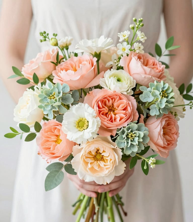 Overhead flatlay of a vibrant fresh flower bouquet being held by happy hands, soft peach and sage green tones, bright morning daylight