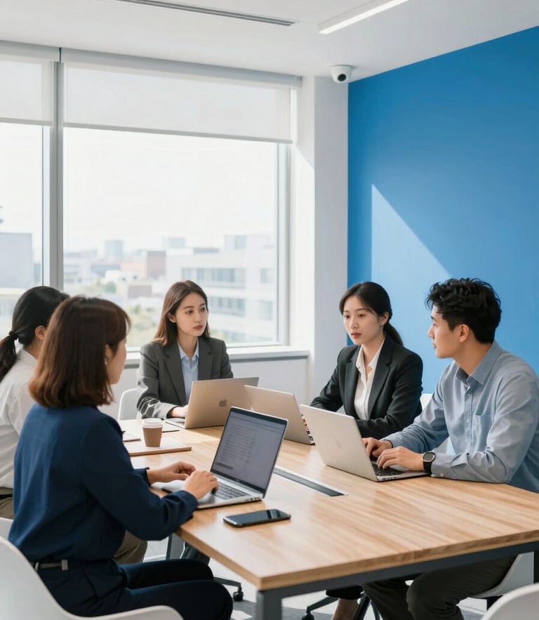 A bright, modern office meeting room with natural daylight streaming through large windows, professionals collaborating around a light wood table, crisp white and vibrant blue tones, 35mm photography.