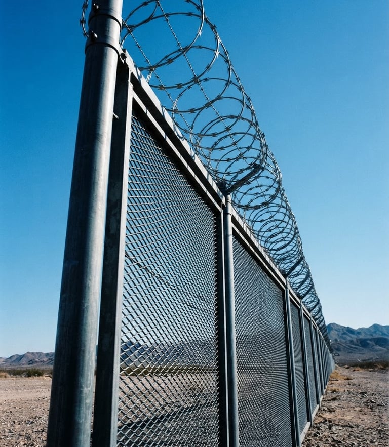 Low-angle shot looking up at high-security anti-climb mesh fencing with razor wire on top, bright desert daylight, deep navy shadows, sharp metallic steel textures, clear blue sky.