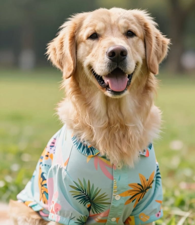 A happy golden retriever wearing a colorful tropical shirt sitting in a sunny park, bright warm photography, natural daylight, soft focus background