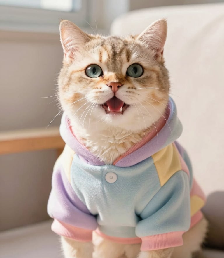 Close-up of a happy cat wearing a custom-fit soft cotton hoodie, sitting comfortably in a sunny living room corner, warm natural lighting, pastel tones