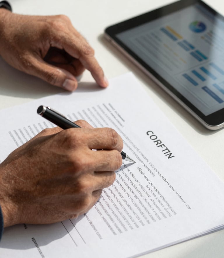 Tight candid crop of Gaurav Sharma's hands reviewing legal contracts alongside a tablet showing marketing analytics, high-contrast natural light, sharp clean shadows.