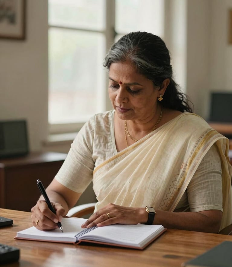 A mature Indian professional in a simple cotton saree sitting at a clean wooden desk, writing in a notebook, soft natural indoor daylight from a window, professional and focused atmosphere.