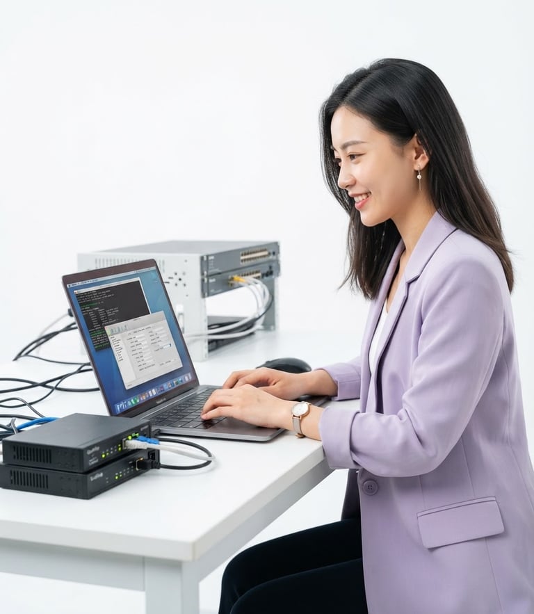 Bright high-key technology photography of a pretty 25-year-old Chinese female engineer in a light purple suit, hair untied, typing on a laptop to configure OpenVox telephony equipment, clean white backdrop, 50mm