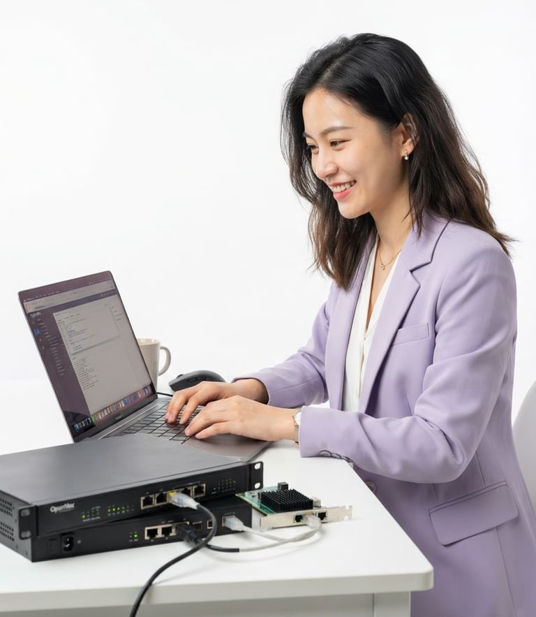 Medium close-up of a pretty 25-year-old Chinese female engineer with untied hair, wearing a light purple suit, typing on a laptop to configure OpenVox telephony equipment, bright high-key studio lighting, clean white background