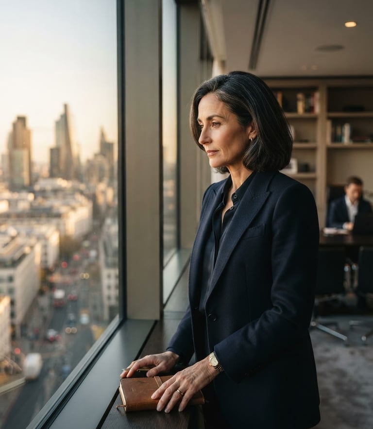 A professional corporate leader looking thoughtfully out a large window, warm natural daylight, shallow depth of field, premium editorial corporate style