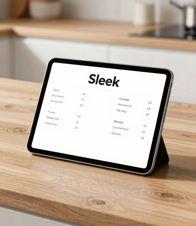 Sleek, modern tablet displaying minimalist healthy recipe on a clean wooden kitchen counter, soft morning sunlight, shallow depth of field.