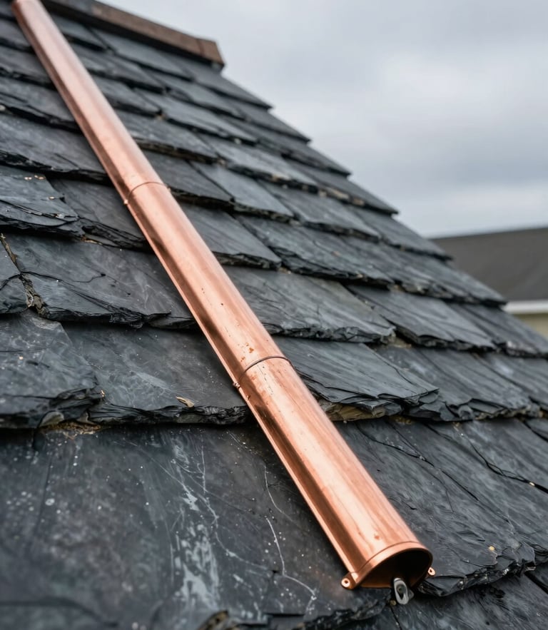 Close-up of hand-laid slate tiles and heavy-gauge copper flashing joints on a steep New England roofline under overcast coastal light.