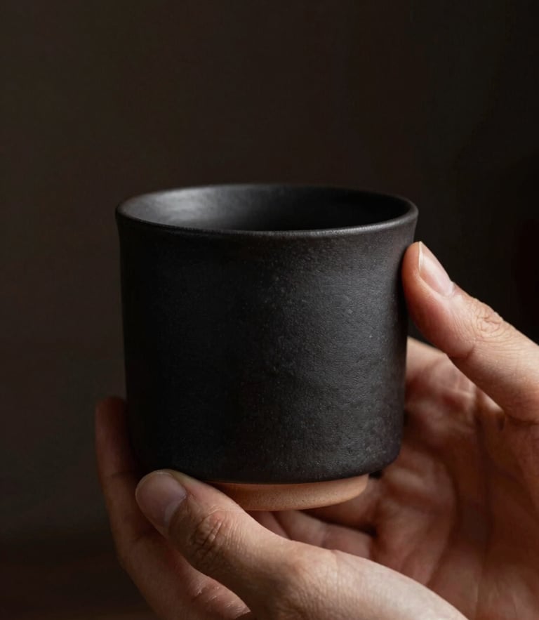 Moody product photography with low-key side lighting. A close-up of a matte-black ceramic cup held by hands, highlighting the raw unglazed texture.