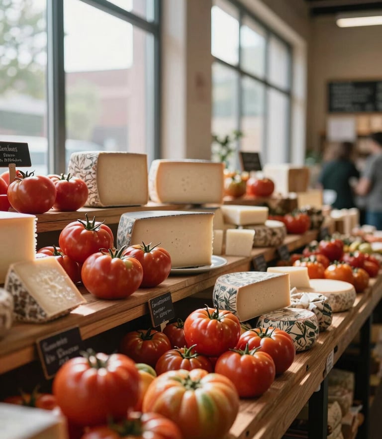 Soft natural light streaming through high windows of an indoor food market, wooden stalls filled with vibrant heirloom tomatoes and artisanal cheeses, shallow depth of field.
