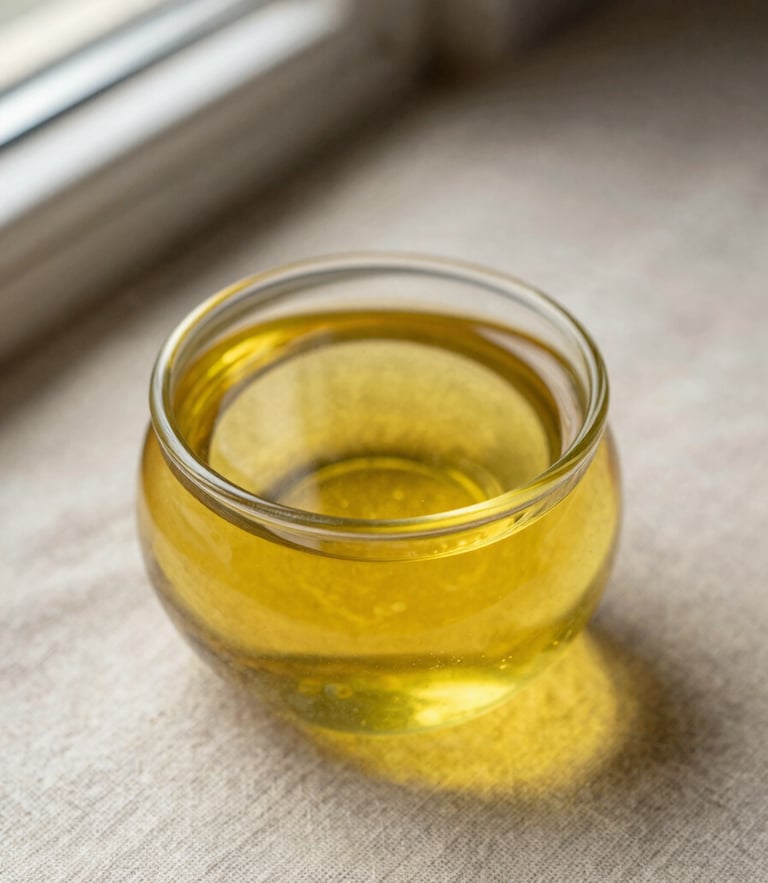 Overhead macro shot of golden cold-pressed mustard oil catching morning window light on a raw linen surface, shallow depth of field