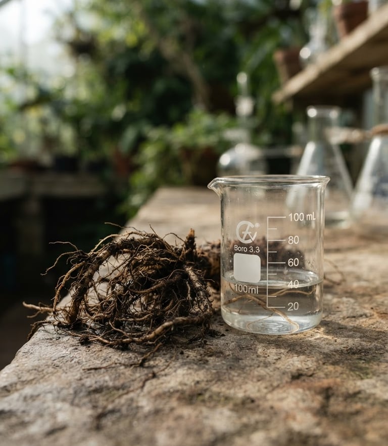 A clean macro photograph of raw botanical roots resting next to a precise glass laboratory beaker, bright natural daylight, soft shadows, deep green and warm stone tones.
