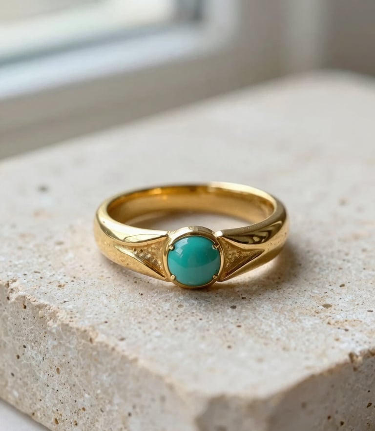 Macro close-up of a sculpted gold vermeil ring resting on a textured cream stone surface, soft natural side lighting, shallow depth of field