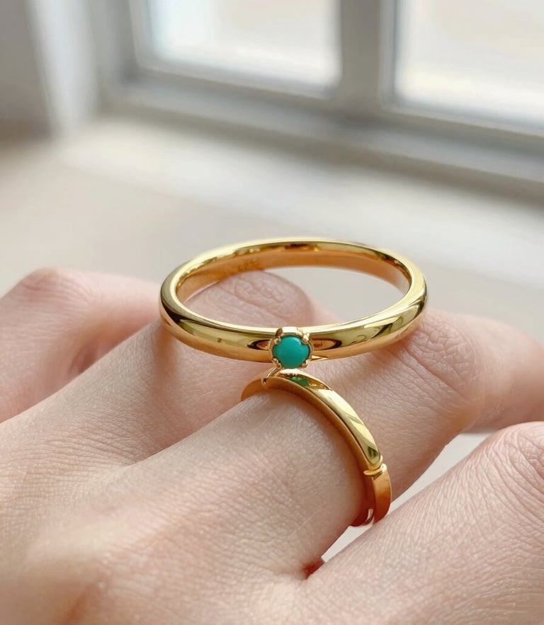 Macro close-up of gold vermeil rings on fingers, soft natural window light, clean sand background