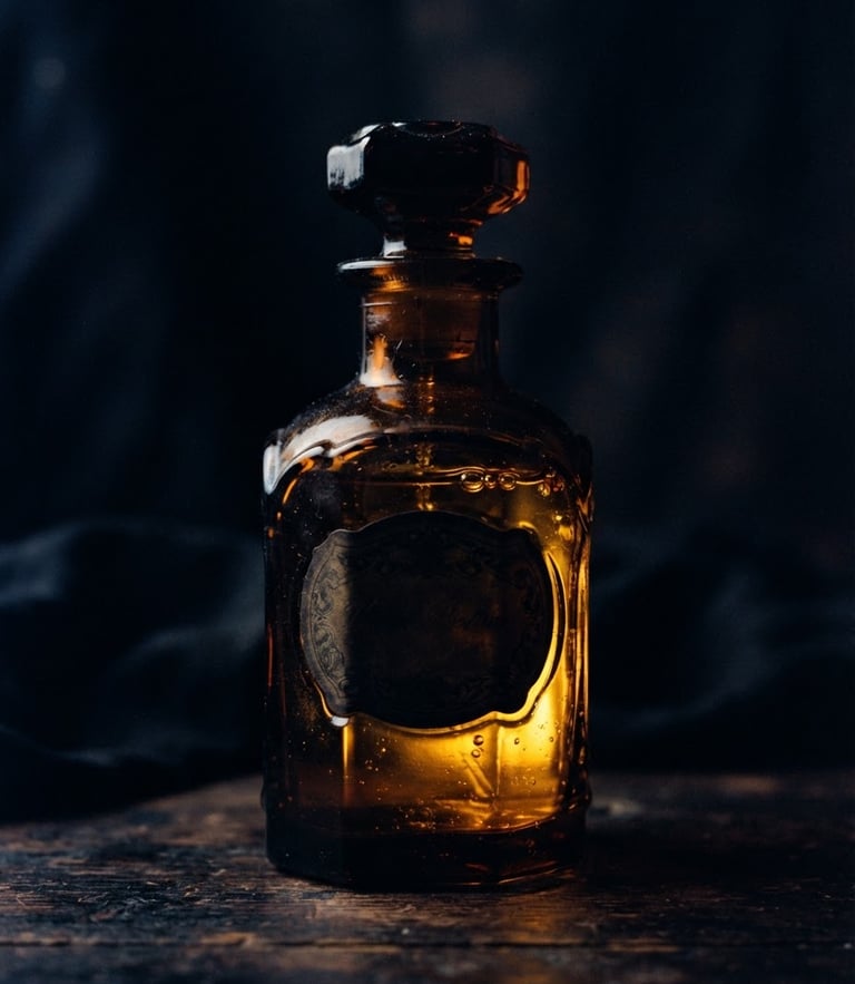 Dramatic low-key studio shot of a dark amber glass perfume bottle silhouette, golden liquid glistening inside, warm directional lighting, deep shadows, 35mm photography