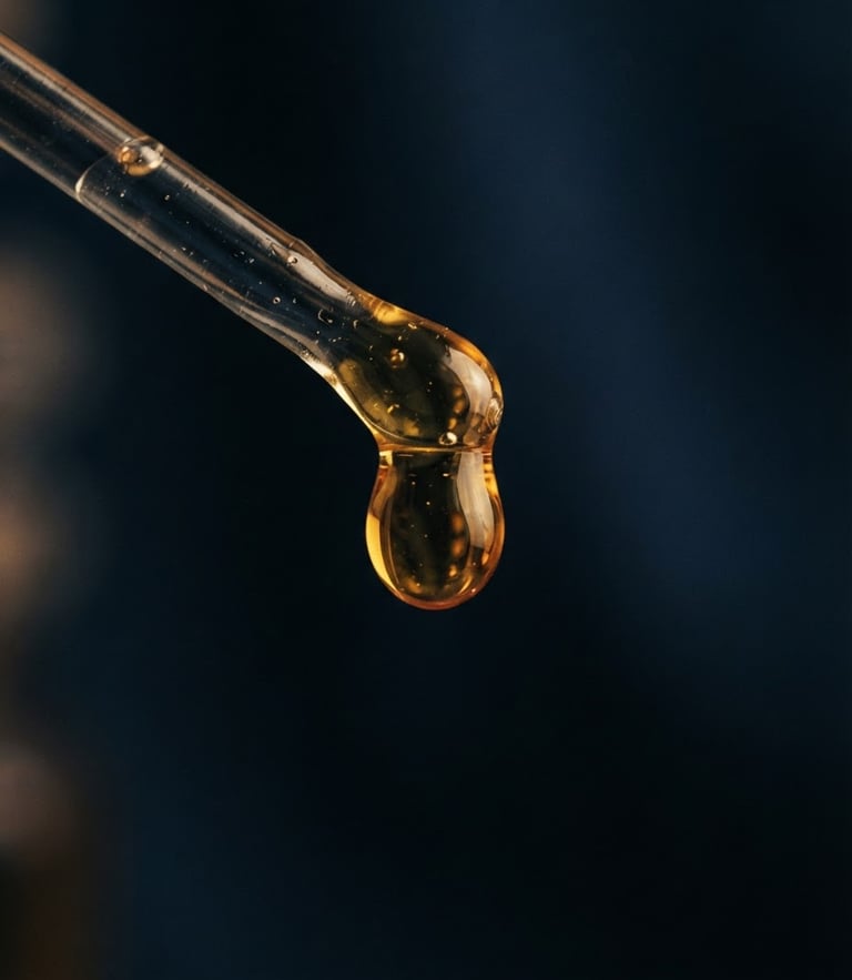 Warm low-key macro shot of a golden Attar droplet suspended from a glass applicator, rich amber liquid, dark navy background, 35mm