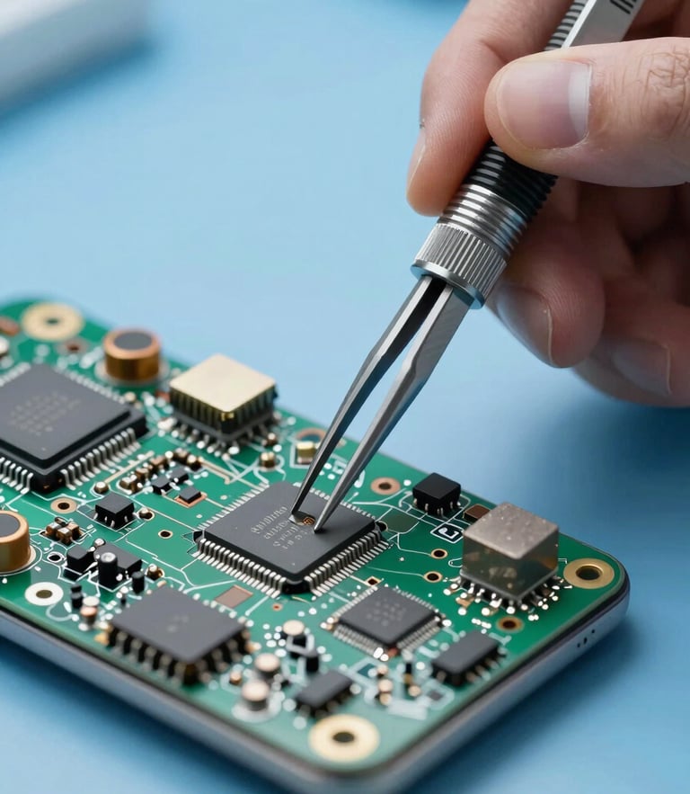 Macro close-up of a certified technician using precision ESD-safe tweezers to place a micro-chip onto a clean smartphone motherboard under sterile blue laboratory lighting.