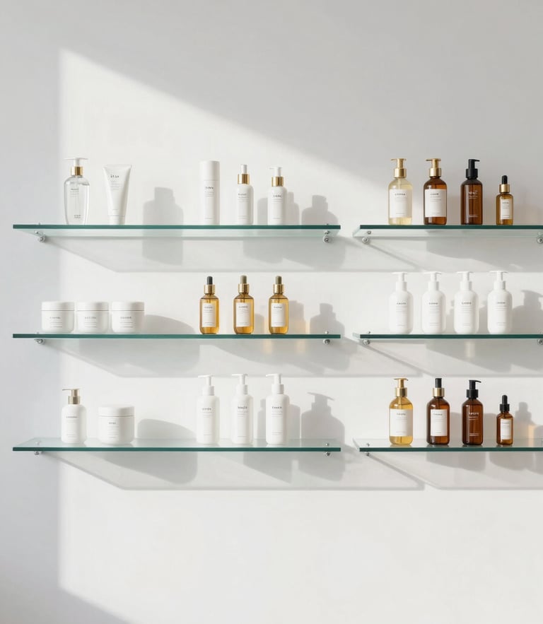 Minimalist high-end cosmetic showroom in Bogotá, clean white walls, glass shelves displaying premium Korean skincare bottles, soft natural light, sharp shadows, 85mm