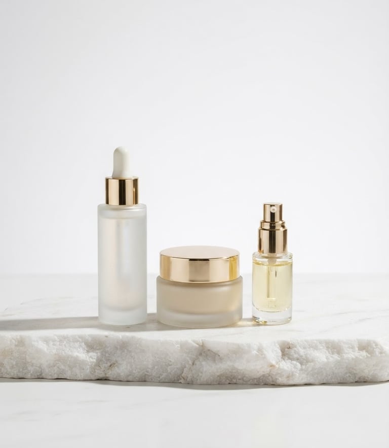 Minimalist high-end cosmetic bottles arranged elegantly on a white stone platform, soft high-key studio lighting, gold accents, sharp architectural shadows, 85mm