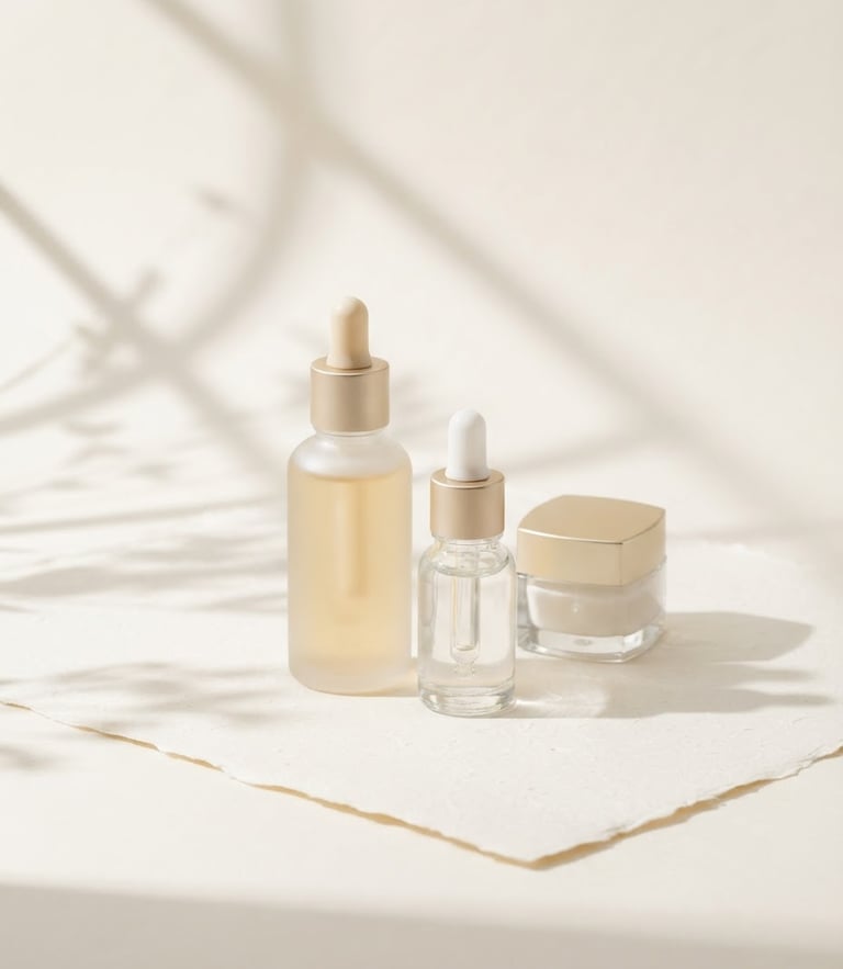 Minimalist premium cosmetic glass bottles with elegant architectural shadows on a warm off-white background, high-key studio lighting, 85mm