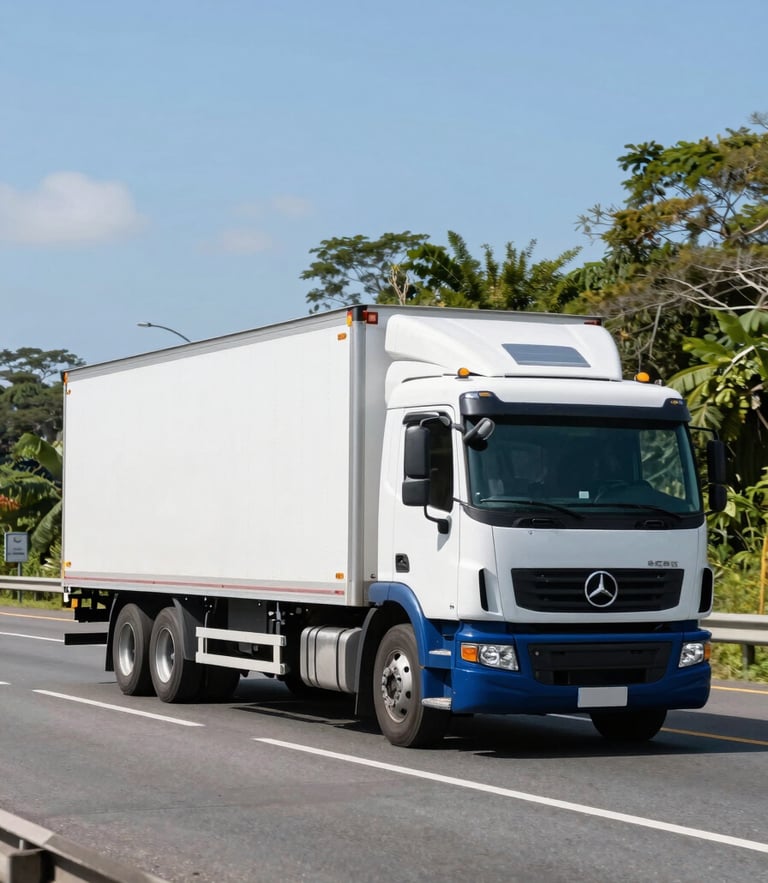 Wide environmental shot of a clean modern logistics truck driving on a bright day on a Costa Rican highway, deep blue accents, 35mm lens