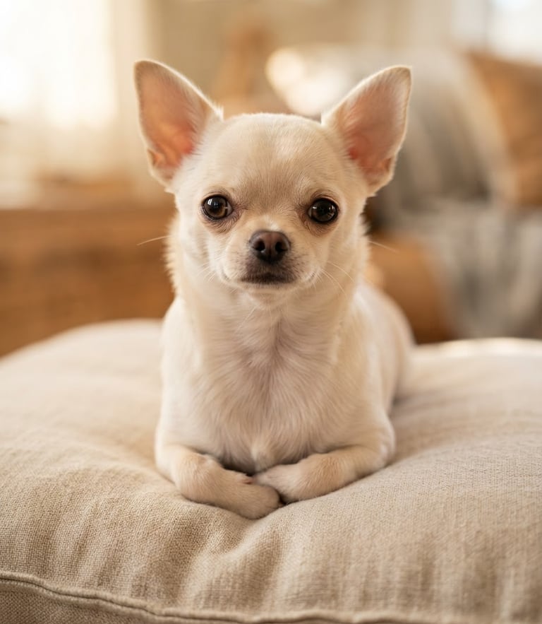 A close-up portrait of a gorgeous cream-colored Chihuahua puppy sitting elegantly on a soft linen cushion, natural warm side lighting, high-end editorial style.