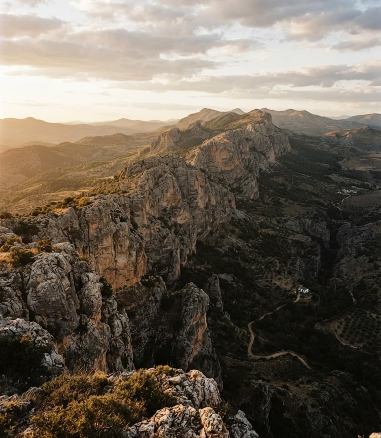 Atmospheric 35mm film shot of the limestone cliffs of Serranía de Ronda, golden hour light casting long dramatic shadows, rugged mountain ridges, environmental scale.