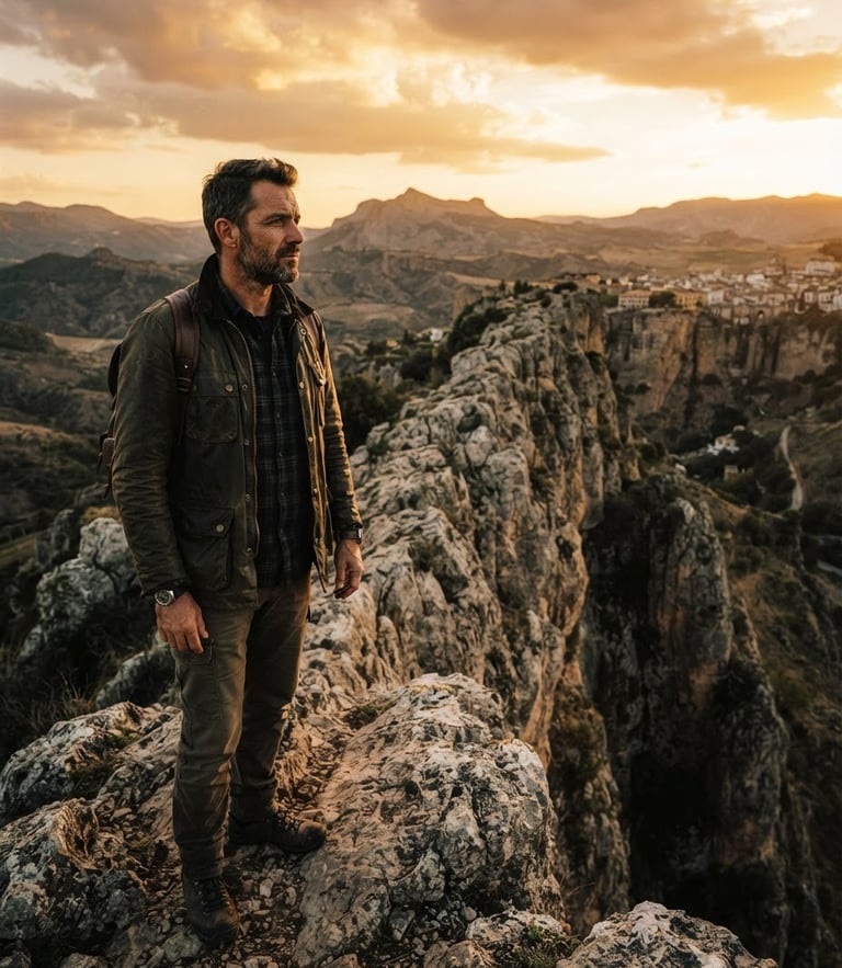 Close-up of a local guide standing on a steep limestone ridge in Ronda, looking out at the dramatic horizon during golden hour, 35mm film, earthy tones.