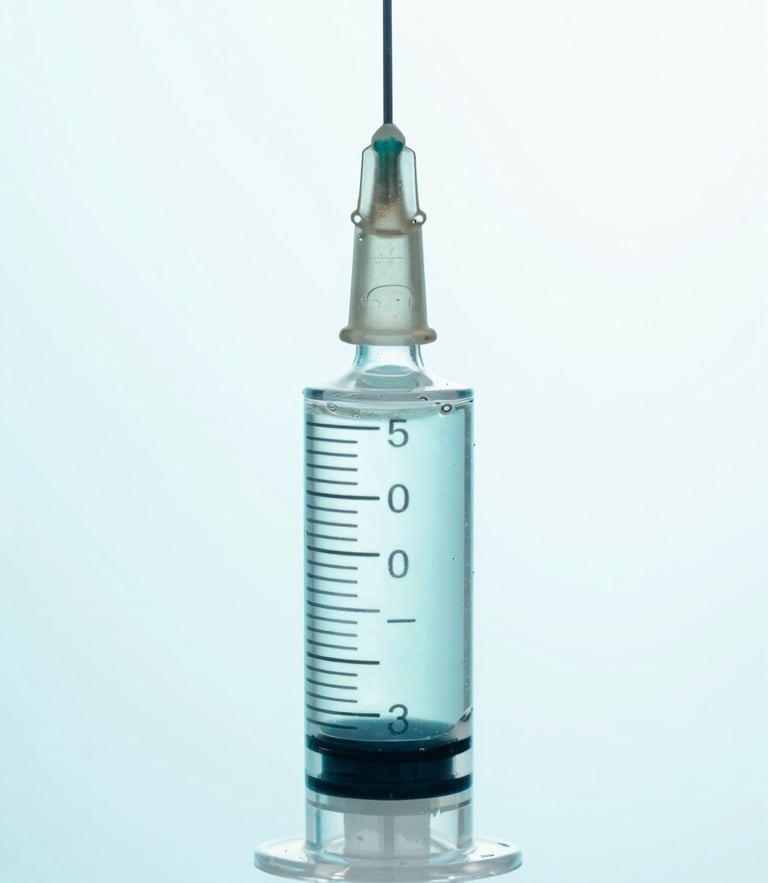 Macro clinical photograph of a clear glass syringe filled with viscous fluid, sterile laboratory lighting with medical cyan backlighting, sharp focus, 50mm
