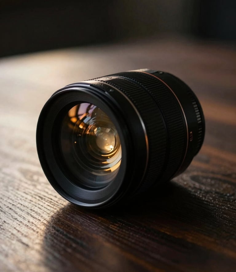 Low-key, moody close-up of a high-end camera lens resting on a dark wooden table, warm golden-hour light reflecting on the glass, deep shadows.