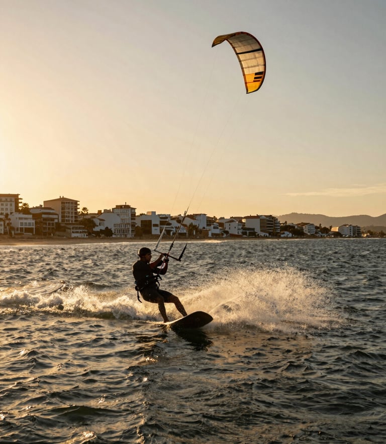 Cinematic wide-angle shot of a kitesurfer catching wind in Los Alcázares, dramatic golden hour light, water splashing, high contrast.