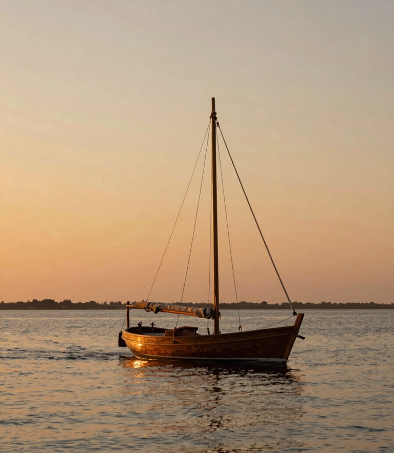 Cinematic wide-angle shot of a traditional wooden sailboat gliding on the calm Mar Menor lagoon at golden hour, soft orange light reflecting on water