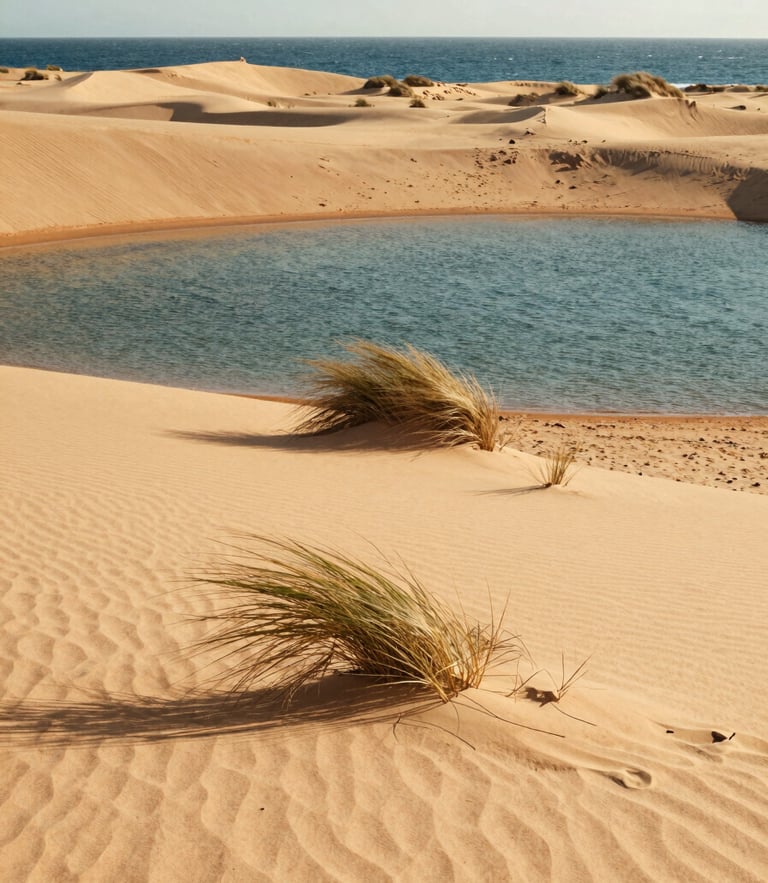 Cinematic portrait shot of pristine sand dunes in San Pedro del Pinatar, sea grass swaying in the wind, calm blue lagoon water on one side and open Mediterranean sea on the other, warm afternoon light.