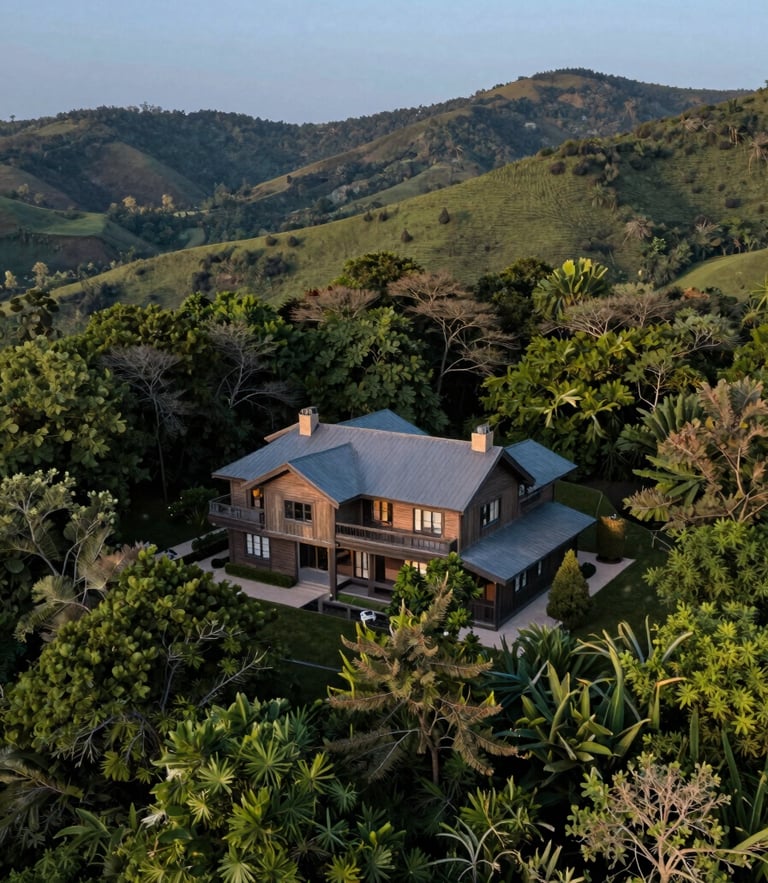 Atmospheric aerial view of a secluded wooden estate surrounded by dense green canopy and rolling hills under a soft blue hour sky.
